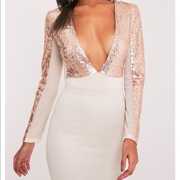 PrettyLittleThing Rose Gold Sequin Bodysuit - Picture 3 of 7